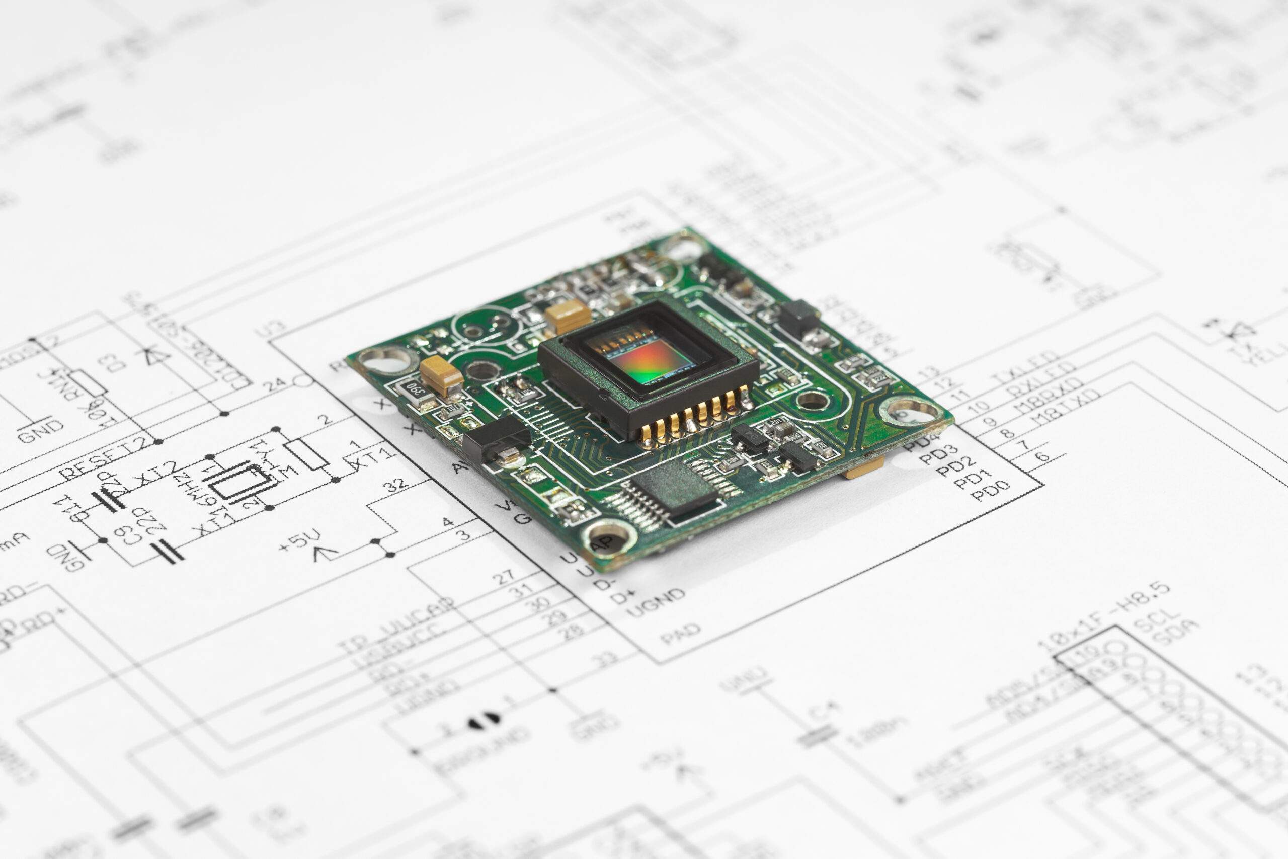 The circuit board with the CMOS sensor lies on the circuit diagram